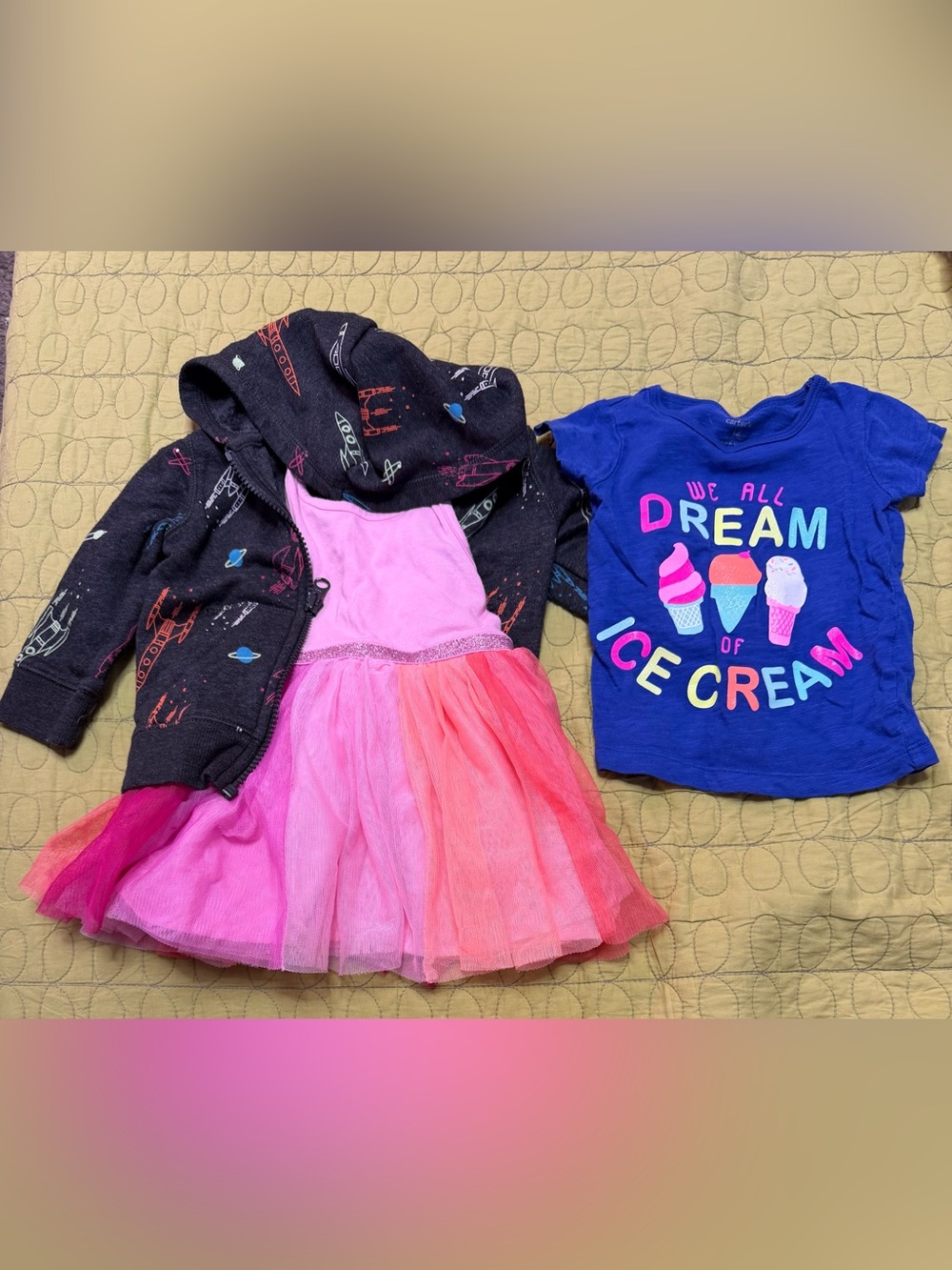 Pink and Coral rainbow Tulle Dress w Sparkle Waistband, Rocket Hoodie Tshirt lot